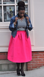 Pink circle skirt, black and white stripped shirt, denim jacket and scarf