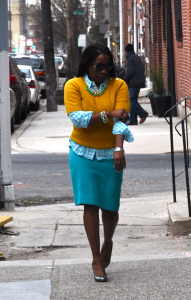 Turquoise number 2 pencil skirt, yellow sweater, aqua gingham blouse